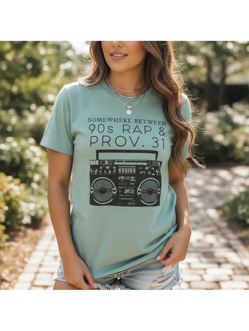 Soft & Stretchy Women's T-Shirt - 'Somewhere Between 90s Rap & Prov. 31' Graphic